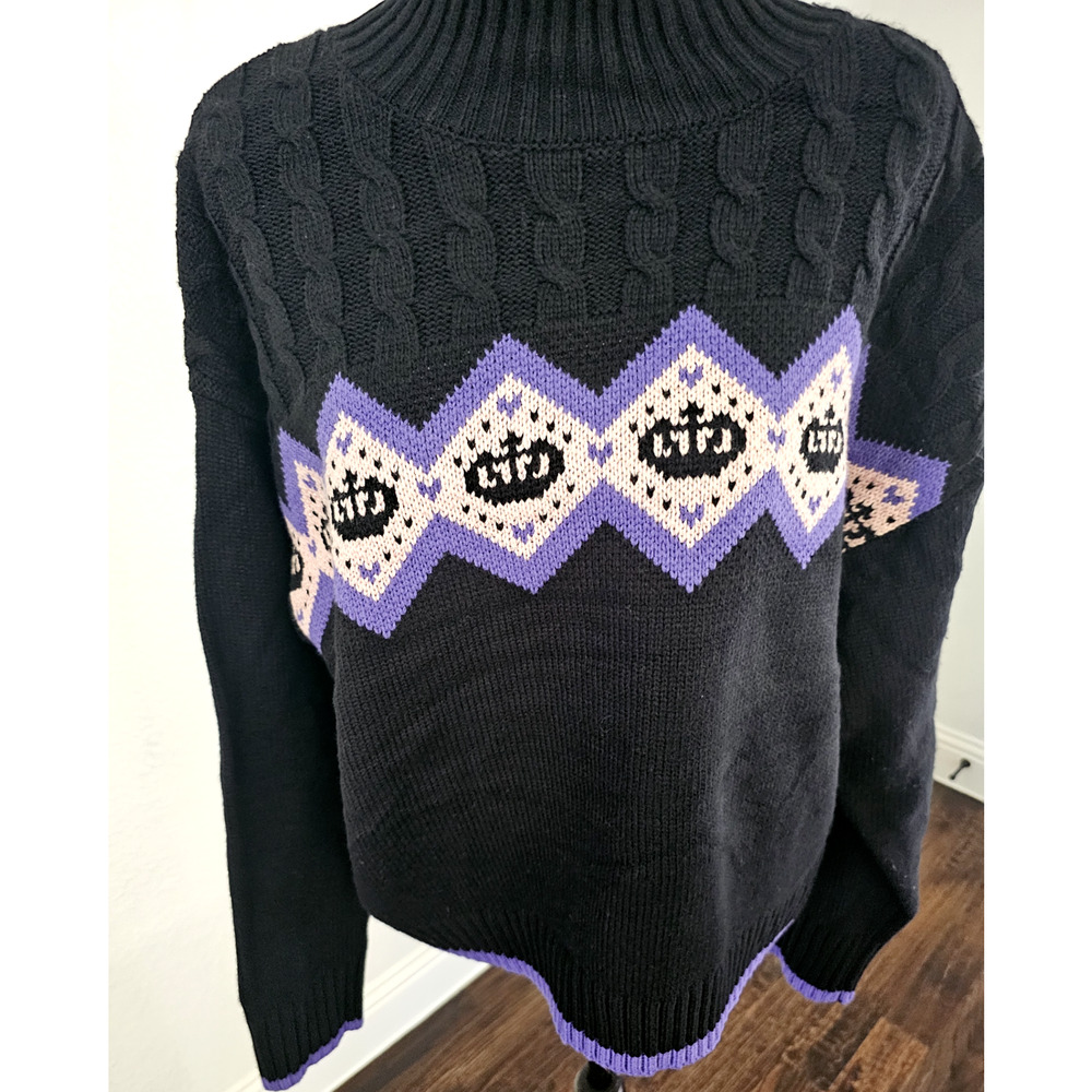 JUICY Couture Sweater Argyle Cable Knit Black Crop Y2K Purple Plus Size XXL